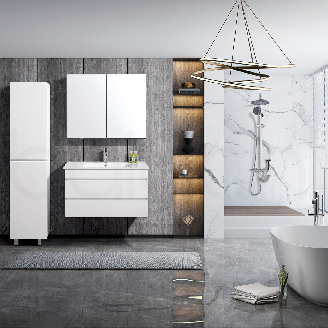 Vellena 900mm PVC Water Proof Matte White Wall Hung Bathroom Vanity Ceramic Basin