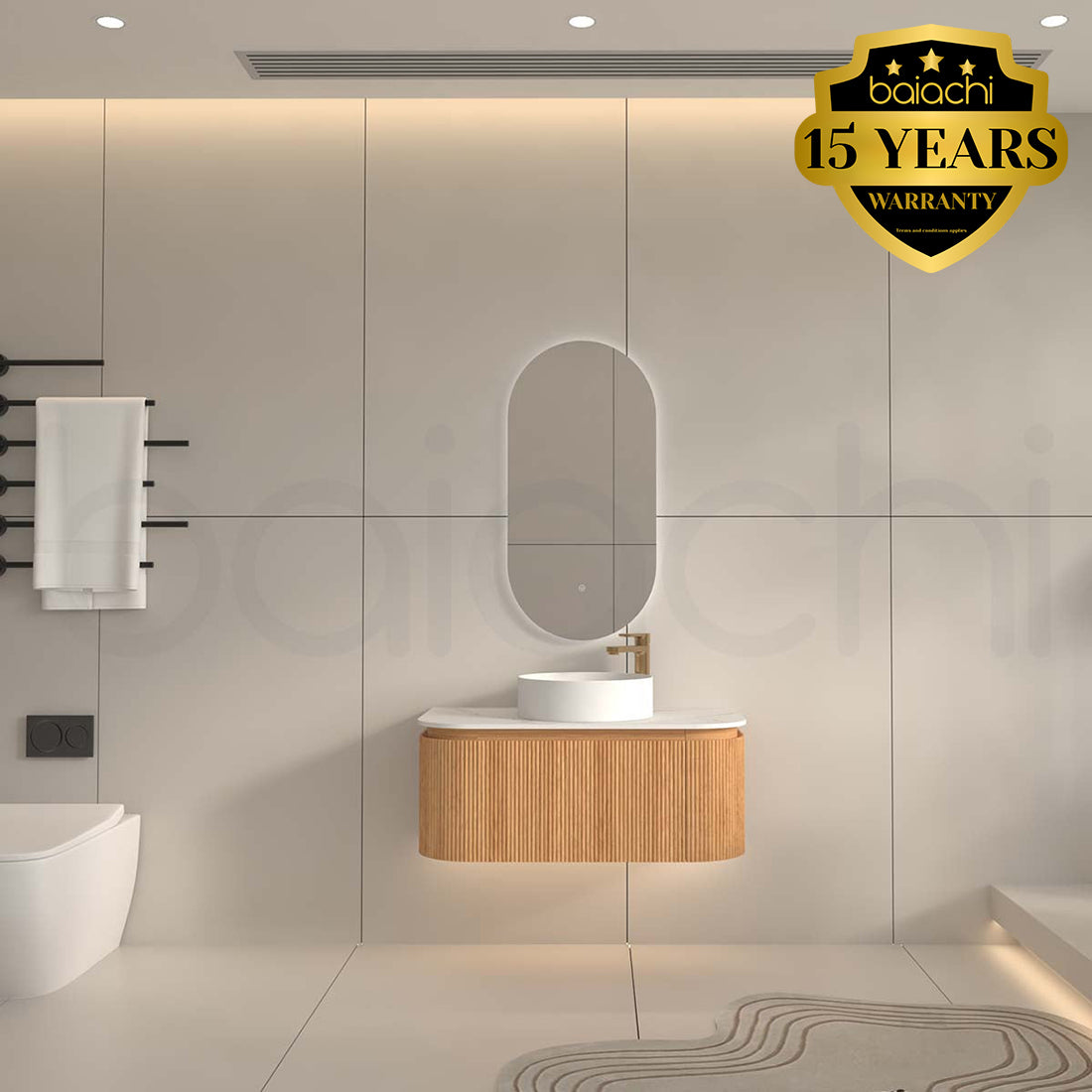 Baiachi Gympie 900 Fluted Timber Bathroom Vanity Wall Hung Calacatta Stone