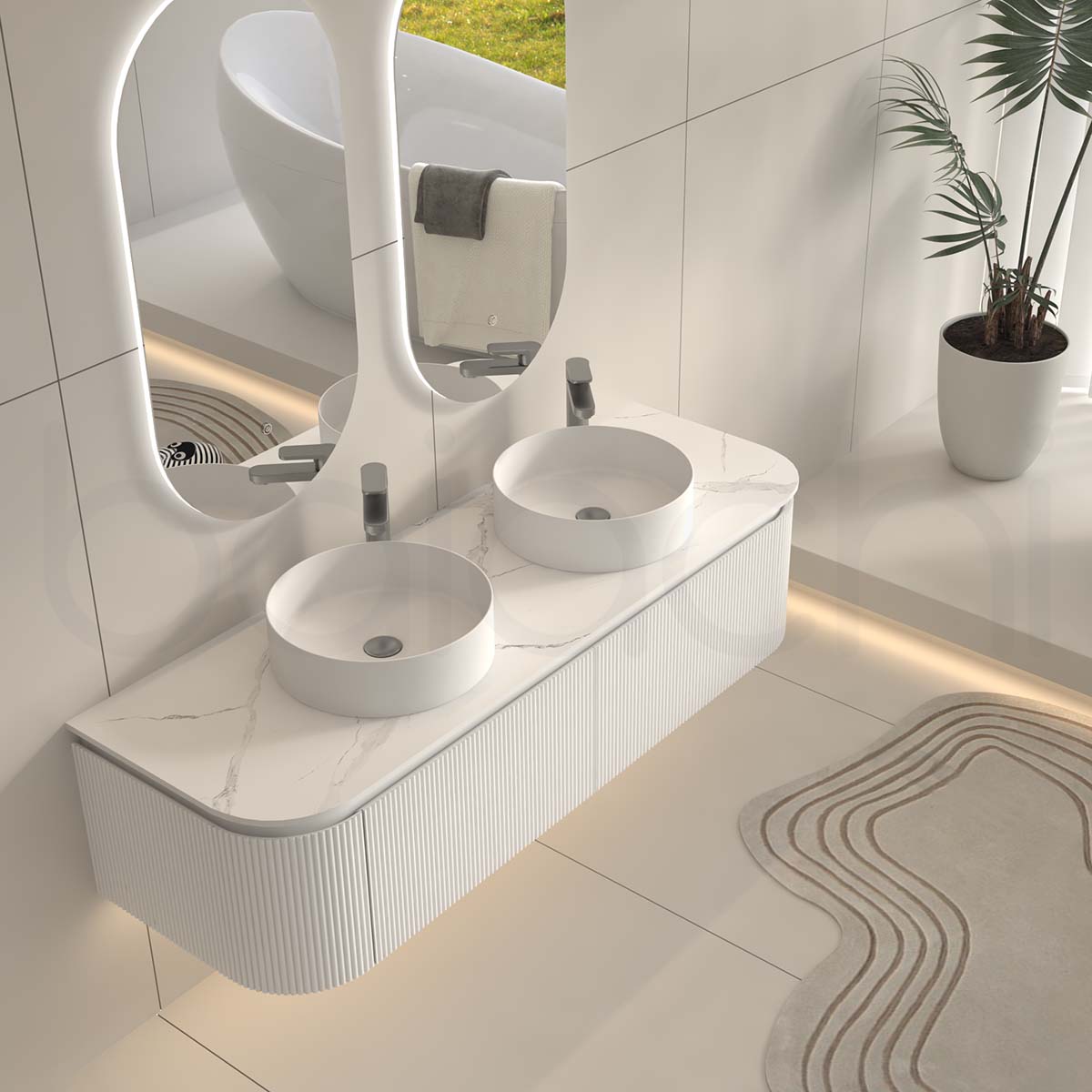 Baiachi Gympie 1500 White Fluted Timber Bathroom Vanity Wall Hung Calacatta Stone