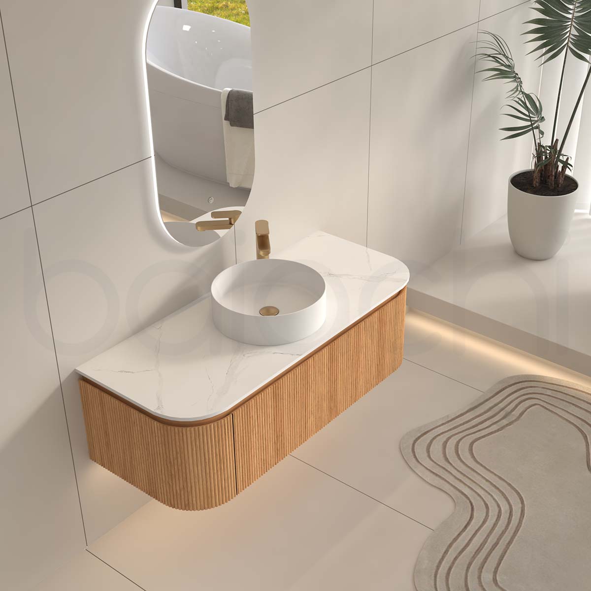 Baiachi Gympie 1200 Fluted Timber Bathroom Vanity Wall Hung Calacatta Stone