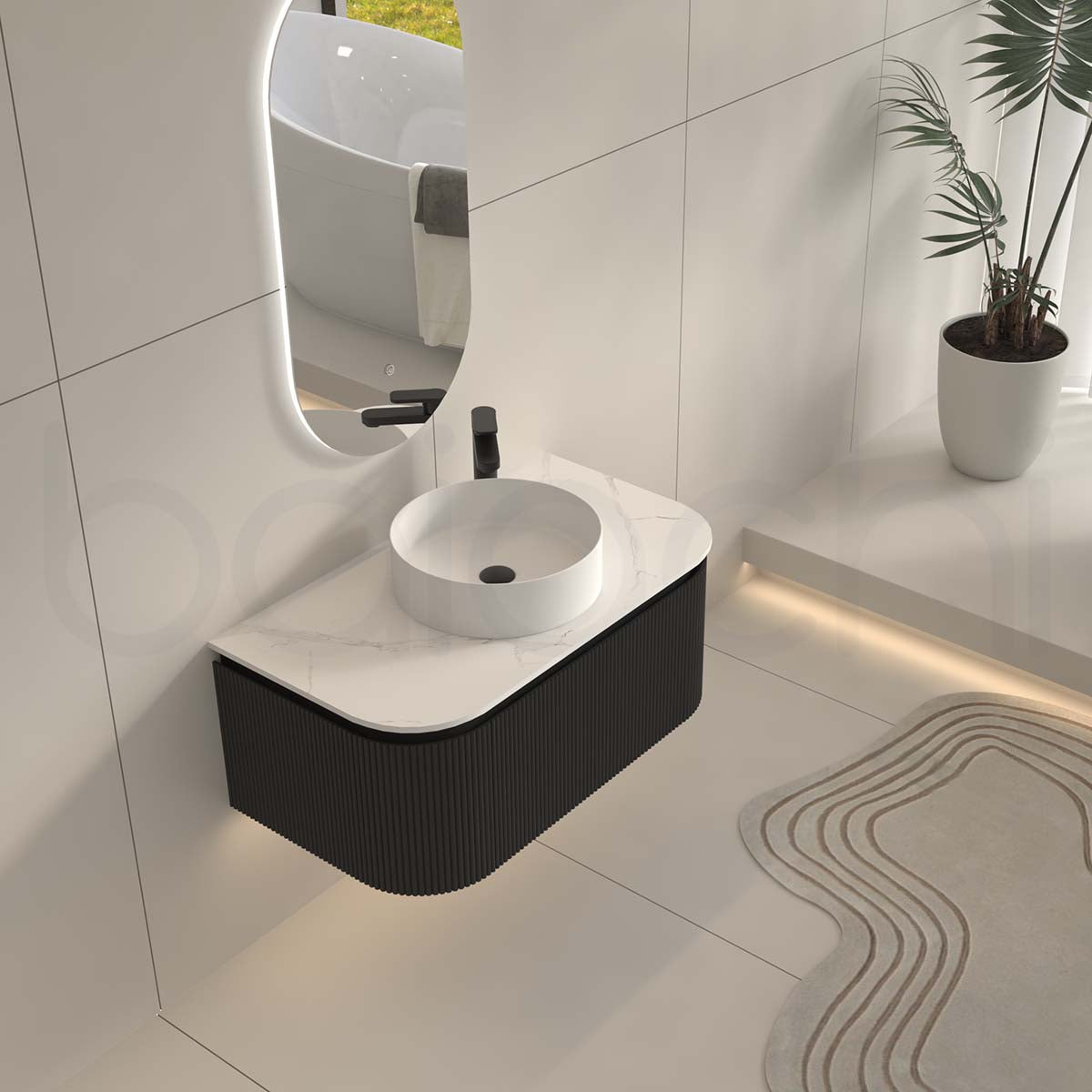 Baiachi Gympie 900 Black Fluted Timber Bathroom Vanity Wall Hung Calacatta Stone