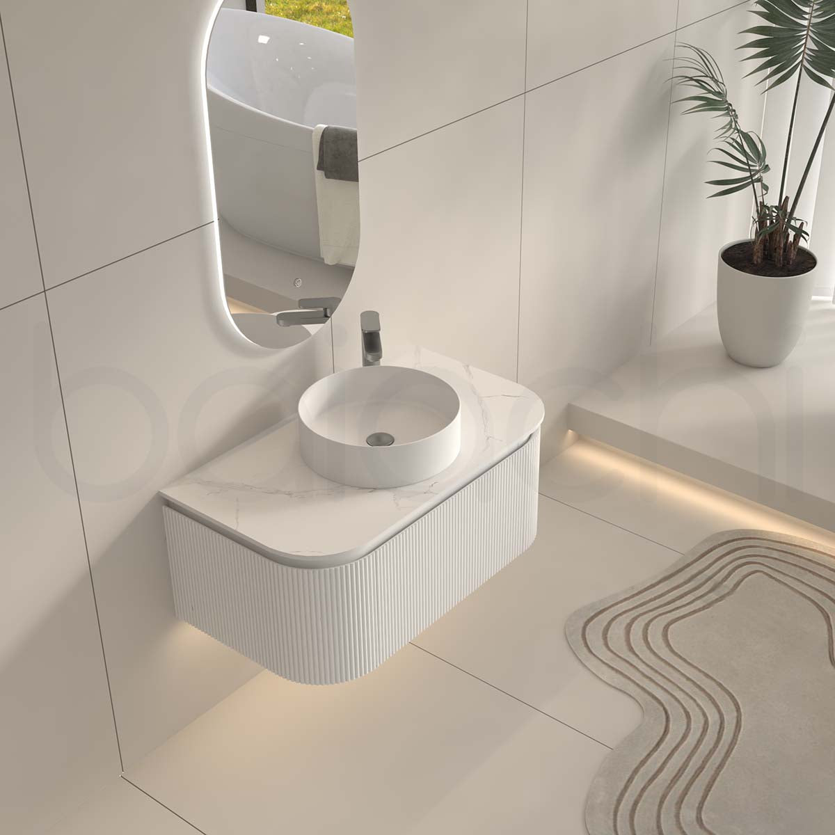 Baiachi Gympie 900 White Fluted Timber Bathroom Vanity Wall Hung Calacatta Stone