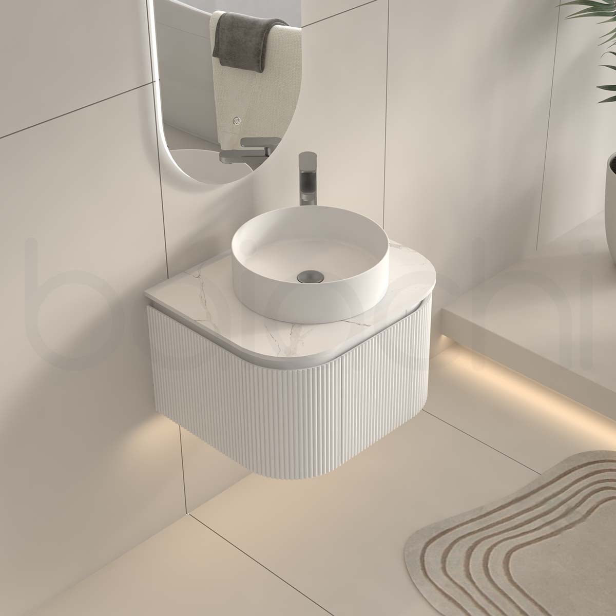 Baiachi Gympie 600 White Fluted Timber Bathroom Vanity Wall Hung Calacatta Stone