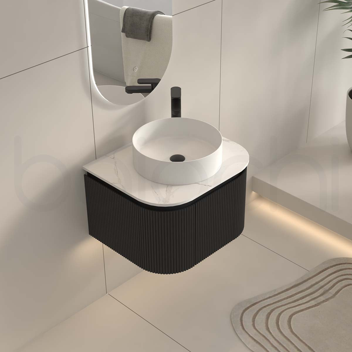 Baiachi Gympie 600 Black Fluted Timber Bathroom Vanity Wall Hung Calacatta Stone