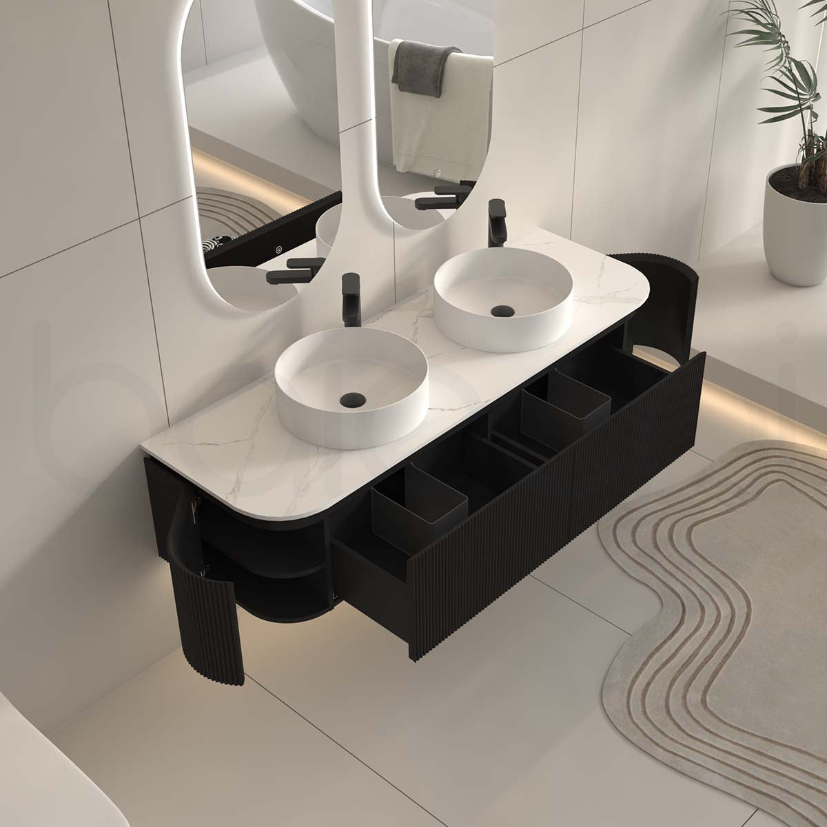 Baiachi Gympie 1500 Black Fluted Timber Bathroom Vanity Wall Hung Calacatta Stone