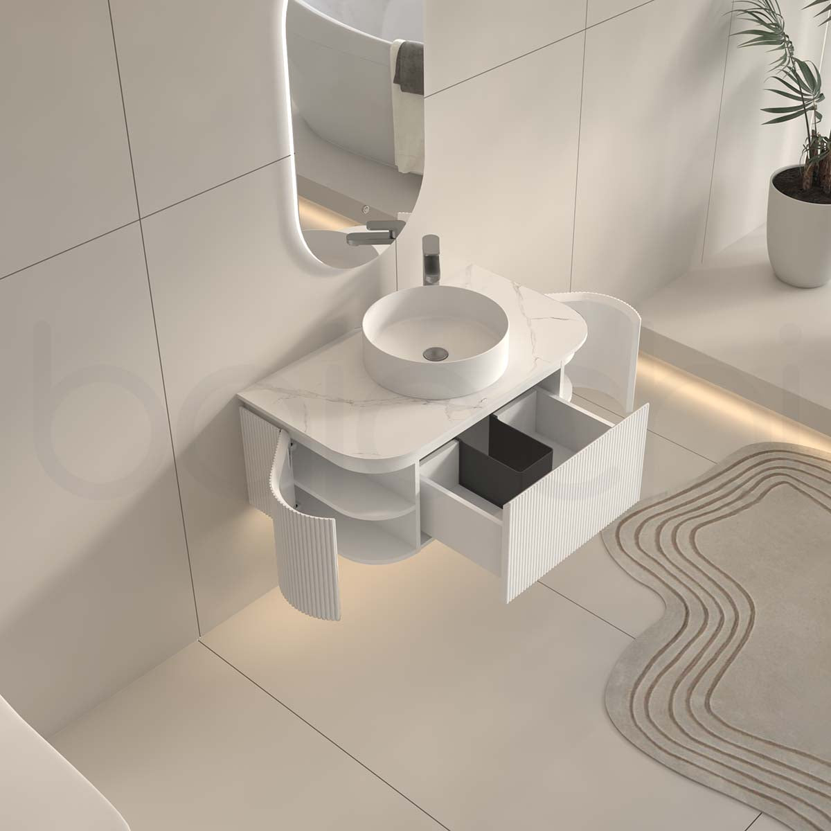Baiachi Gympie 900 White Fluted Timber Bathroom Vanity Wall Hung Calacatta Stone
