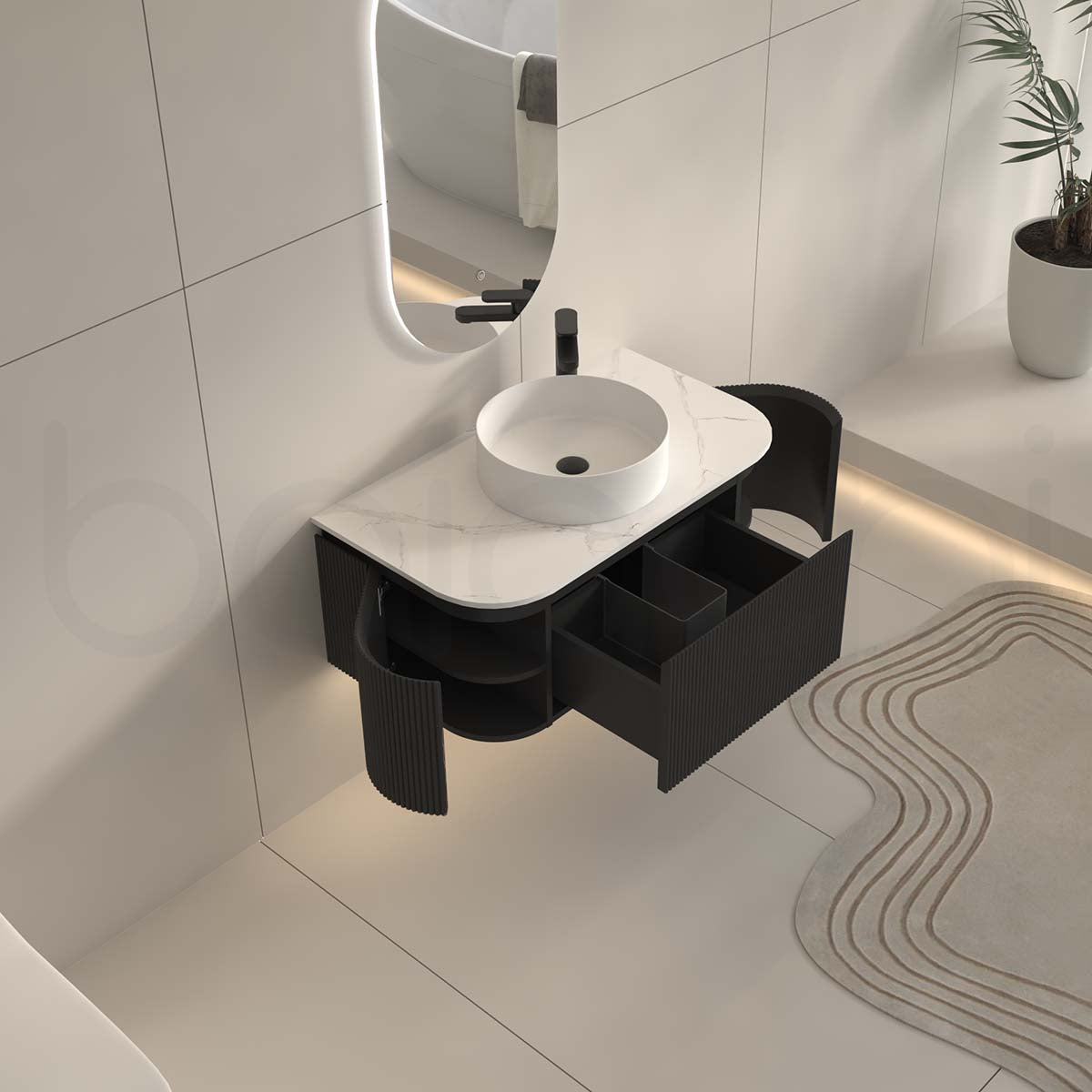 Baiachi Gympie 900 Black Fluted Timber Bathroom Vanity Wall Hung Calacatta Stone