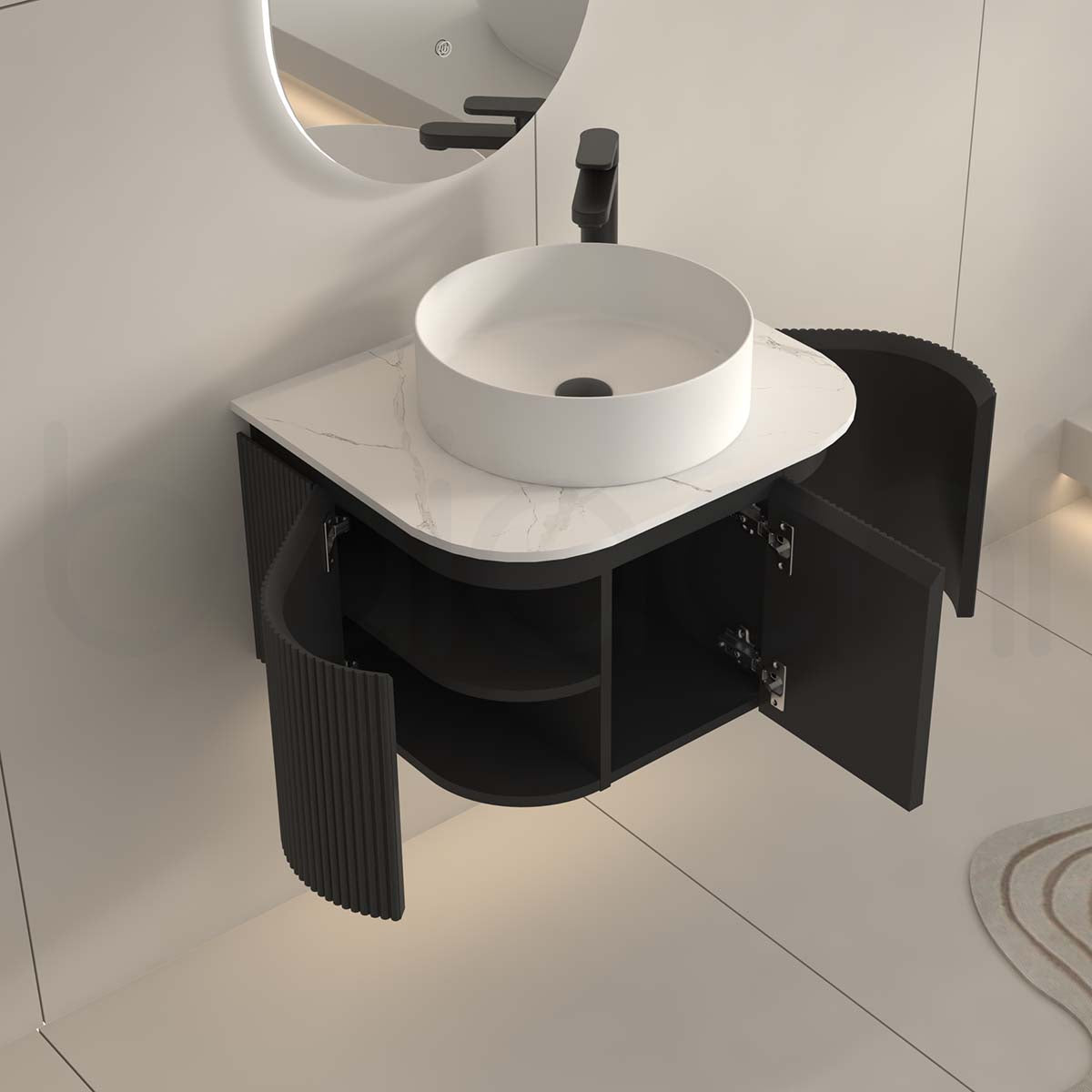 Baiachi Gympie 600 Black Fluted Timber Bathroom Vanity Wall Hung Calacatta Stone