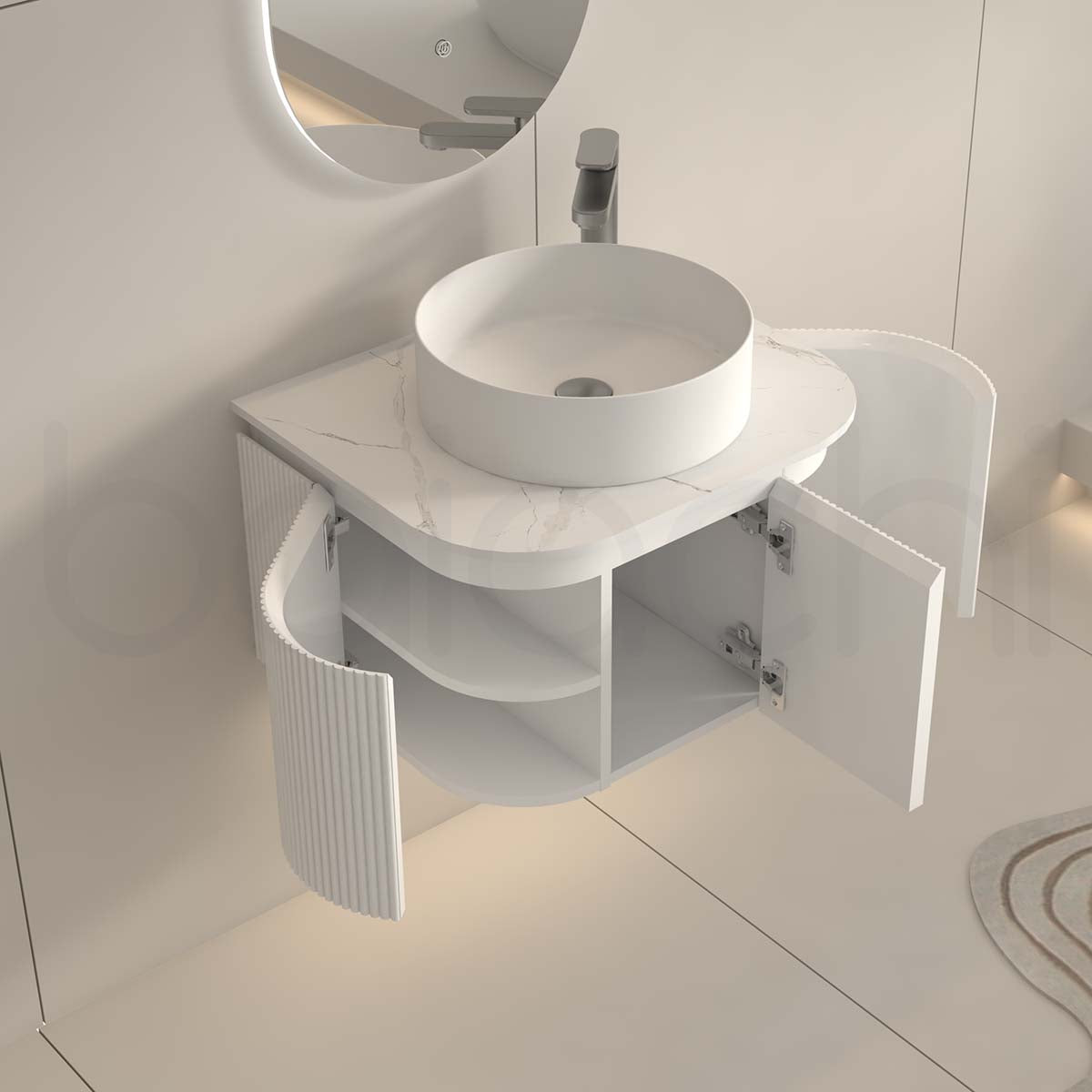 Baiachi Gympie 600 White Fluted Timber Bathroom Vanity Wall Hung Calacatta Stone