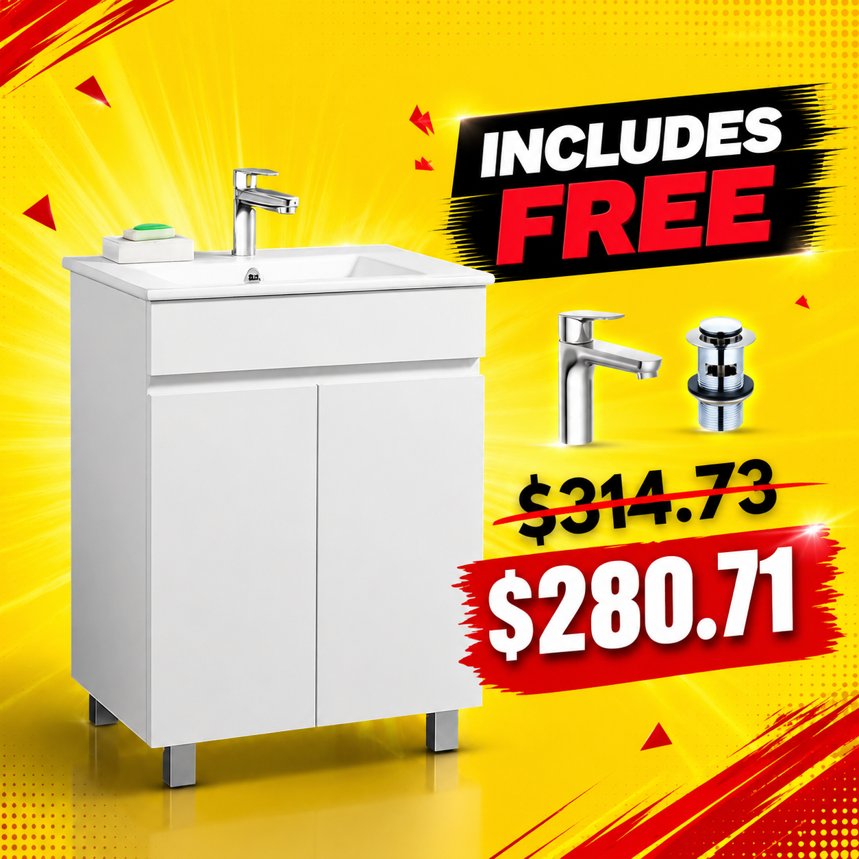 PACKAGE DEAL Windsor 600mm Bathroom Vanity Wash Basin INCLUDING Mixer & Plugwaste