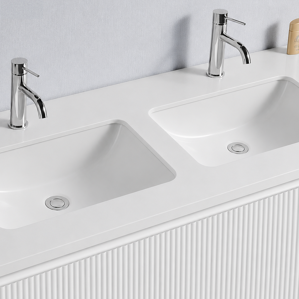 Baiachi Clermont 1200 White Fluted Wall Hung Bathroom Vanity White Stone Double Undercounter Basin