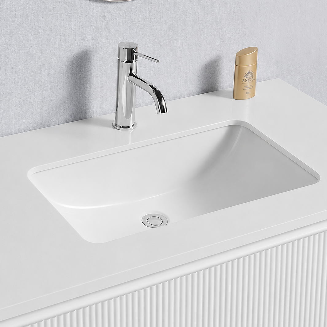 Baiachi Clermont 750 White Fluted Wall Hung Bathroom Vanity White Stone Undercounter Basin