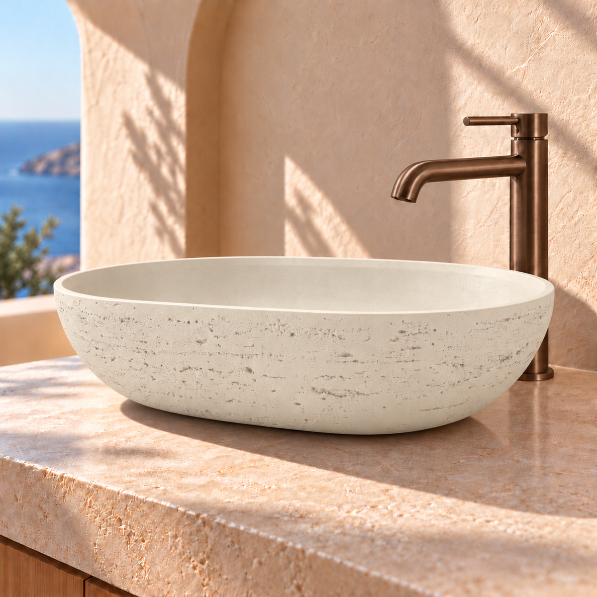 Baiachi Travertine Oval Concrete Bathroom Counter Top Basin Tuscany Warm White