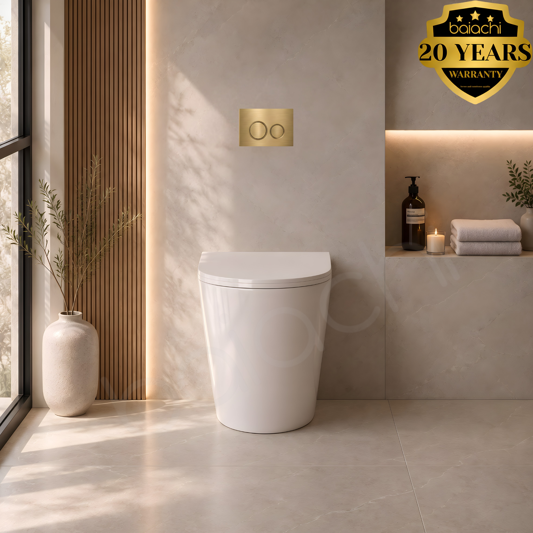 Habana Tornado Rimless Quiet Flush In Wall Toilet Suite with Round Brushed Gold Flushing Buttons