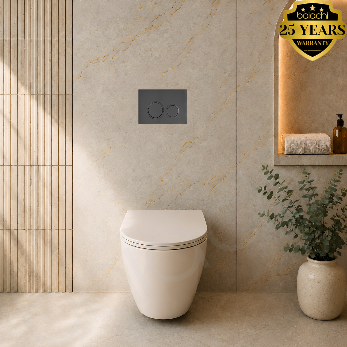 Baiachi Involution Tornado Quiet Flush In Wall Toilet Suite with Round Gun Metal Flushing Buttons