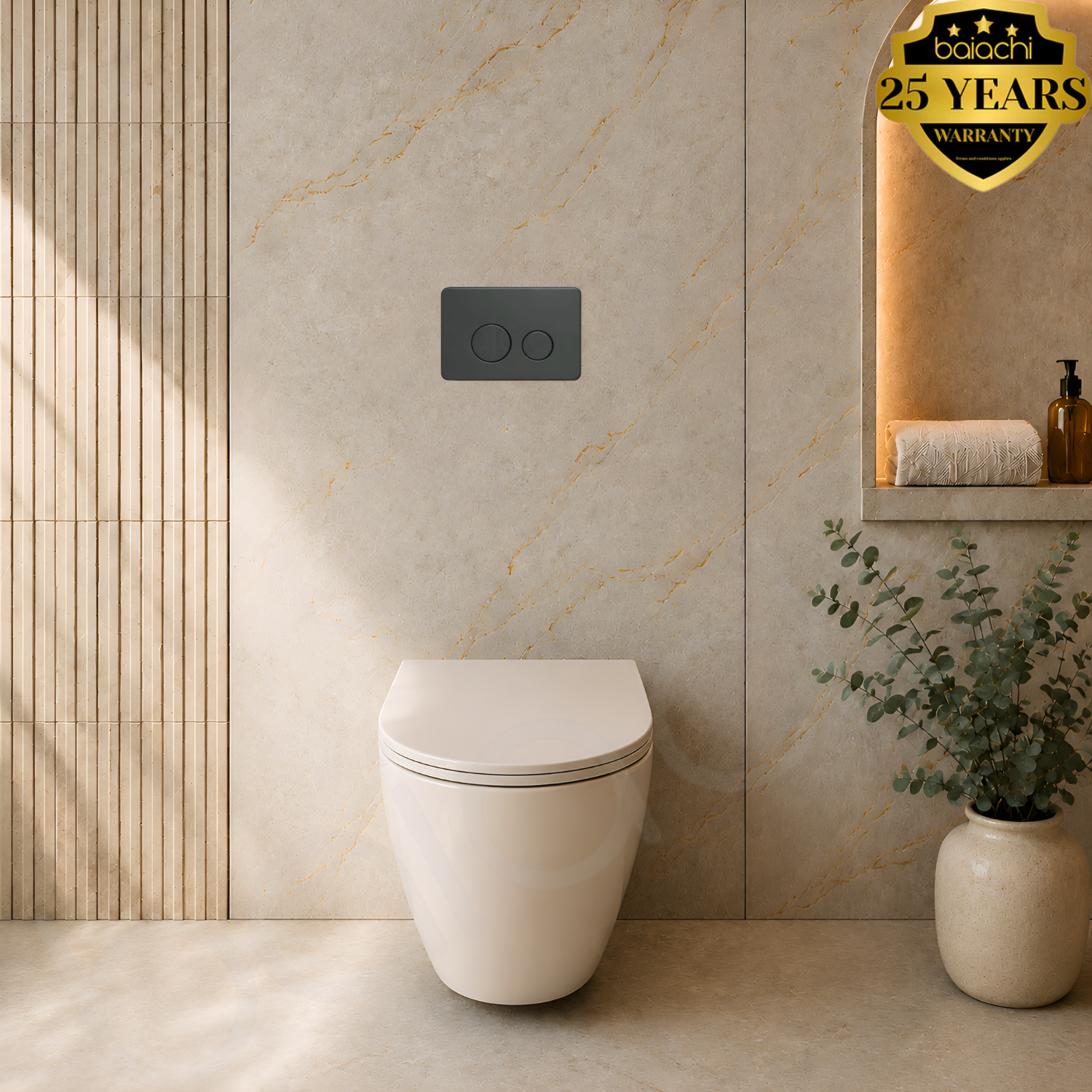 Baiachi Involution Rimless In Wall Tornado Toilet Suite with Round Stainless Steel Gun Metal Flushing Buttons BTW1
