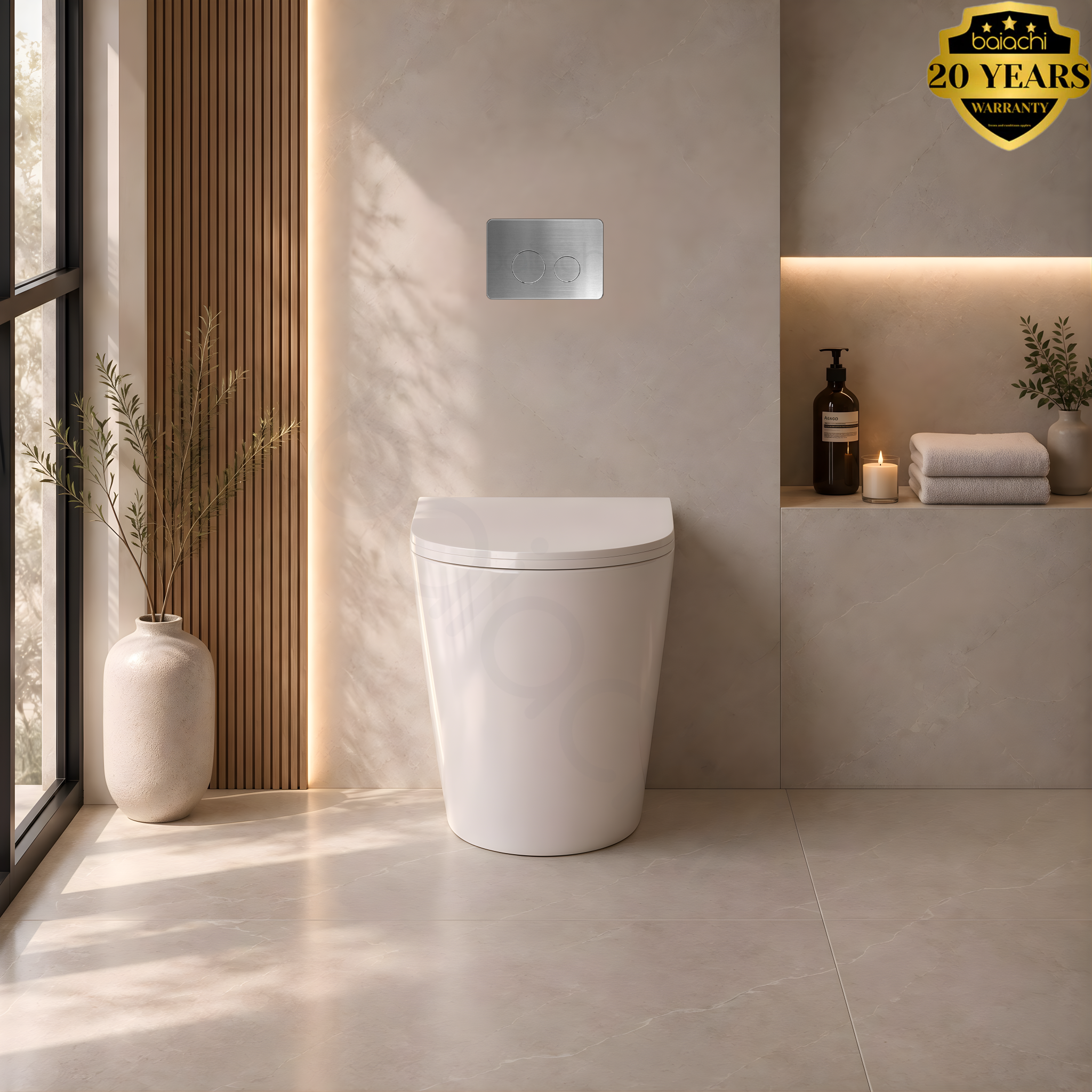 Baiachi Involution Rimless In Wall Tornado Toilet Suite with Round Stainless Steel Flushing Buttons