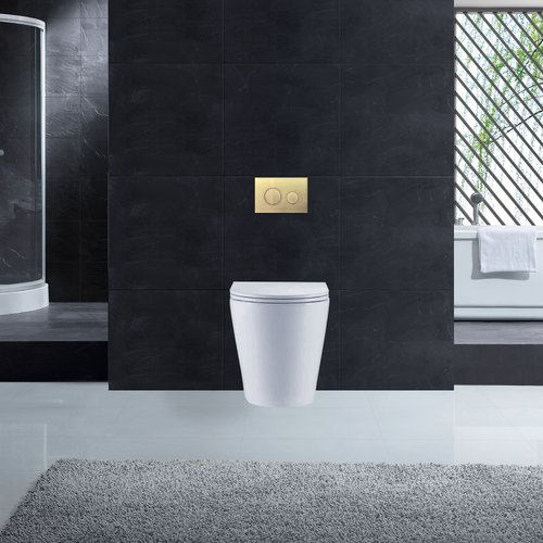 Ballina Rimless In Wall Toilet Suite with Round Brushed Gold Flushing Buttons