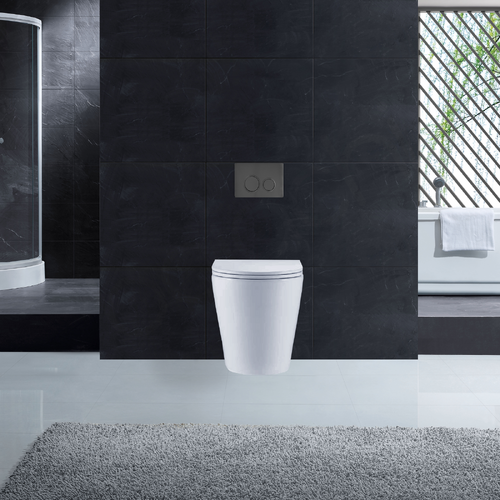 Ballina Rimless In Wall Toilet Suite with Round Gun Metal Flushing Buttons