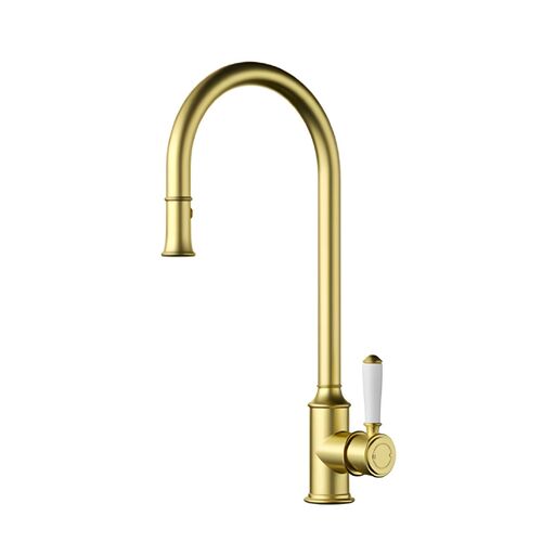 Ikon Clasico Pull Out Sink Mixer Ceramic Handle Brushed Gold