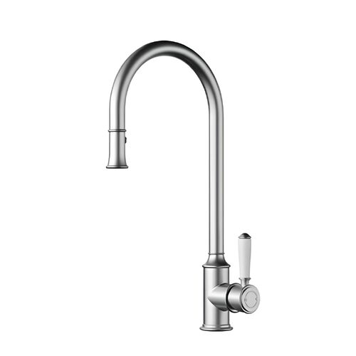 Ikon Clasico Pull Out Sink Mixer Ceramic Handle Brushed Nickel