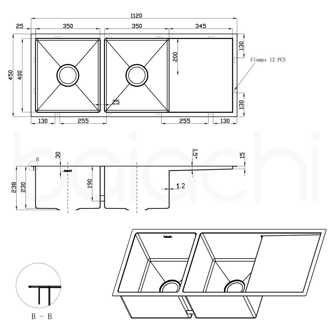 Baiachi 1120x450 Handmade Kitchen Stainless Steel Sink Double Bowl Drainer Top Undermount Brushed Gold