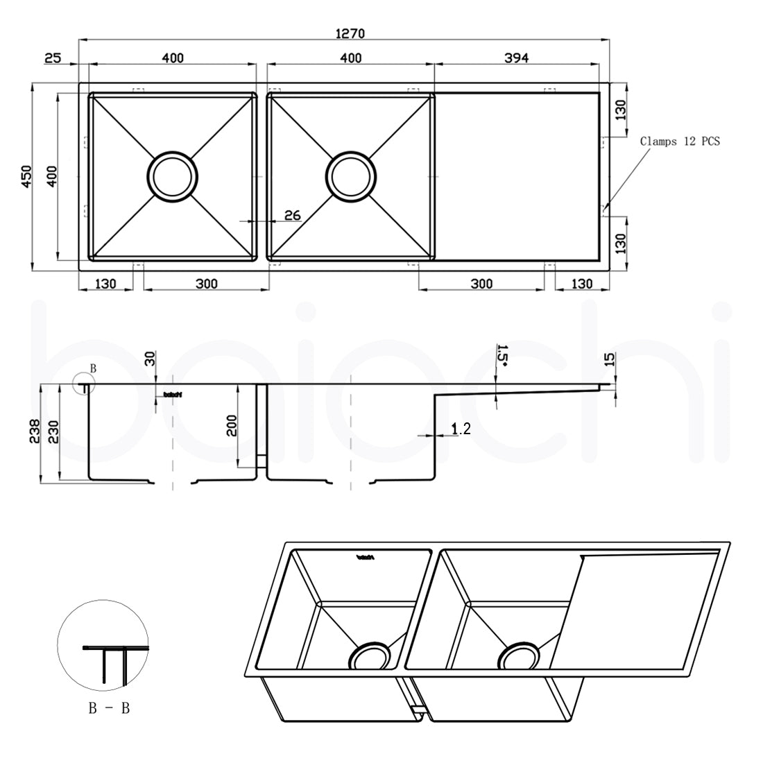 Baiachi 1270x450 Handmade Kitchen Stainless Steel Sink Double Bowl Drainer Top Undermount Brushed Gold