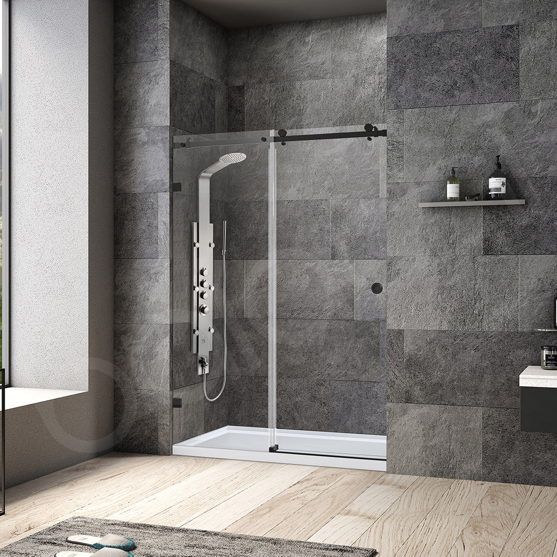 Frameless Wall to Wall Adjustable Sliding Shower Screen 1700x2000mm Matte Black