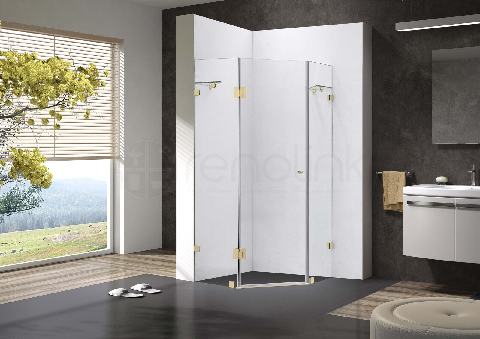 Frameless Shower Screen 1000x1000mm Diamond Brushed Gold