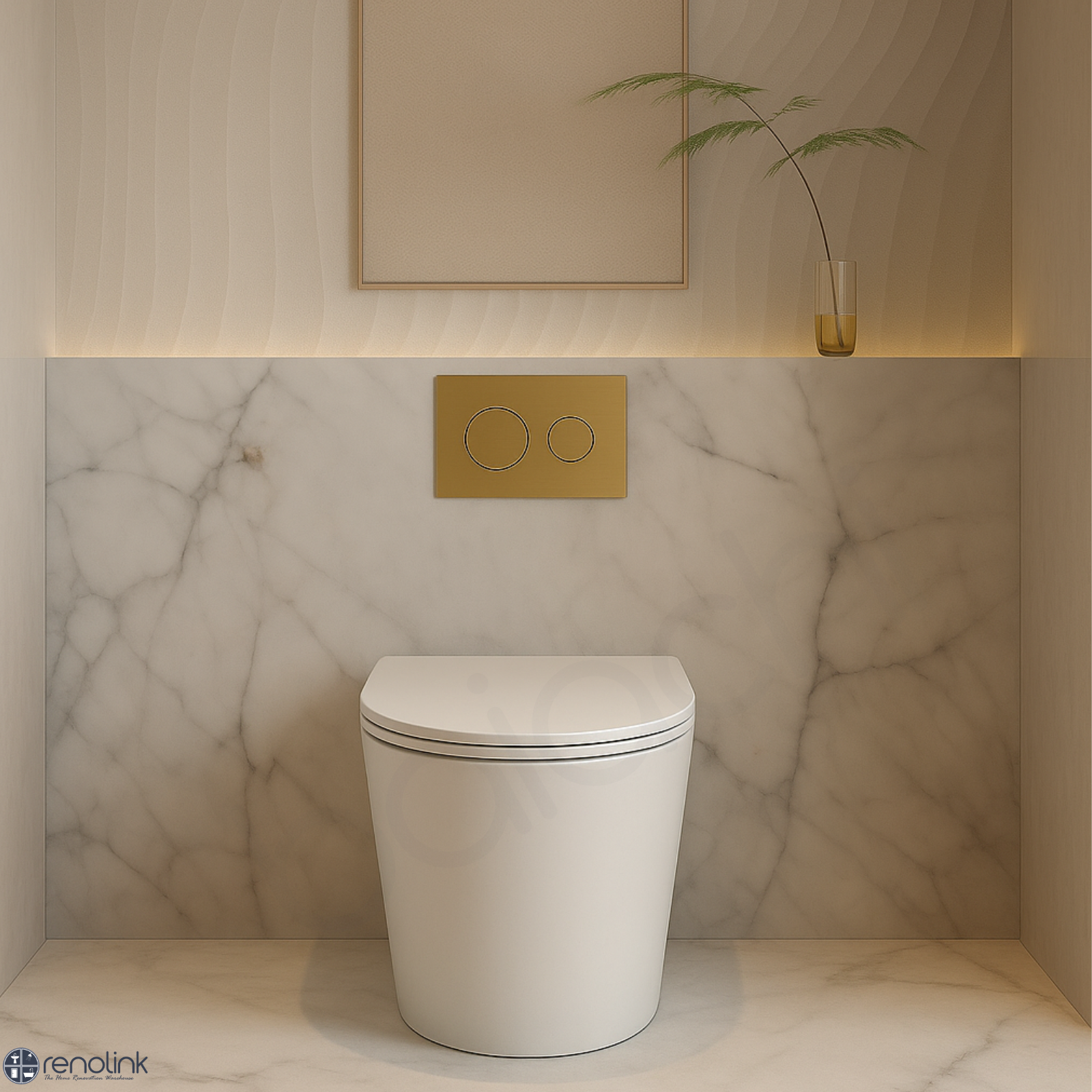 Ballina Rimless In Wall Toilet Suite with Round Brushed Gold Flushing Buttons