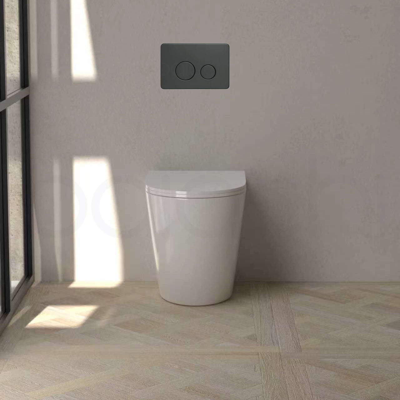 Baiachi Involution Rimless In Wall Tornado Toilet Suite with Round Stainless Steel Gun Metal Flushing Buttons BTW1