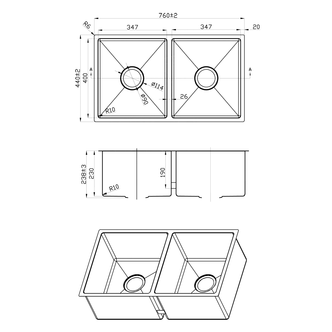 760X440mm Handmade Laundry Kitchen Sink Top/Under Mount Stainless Steel
