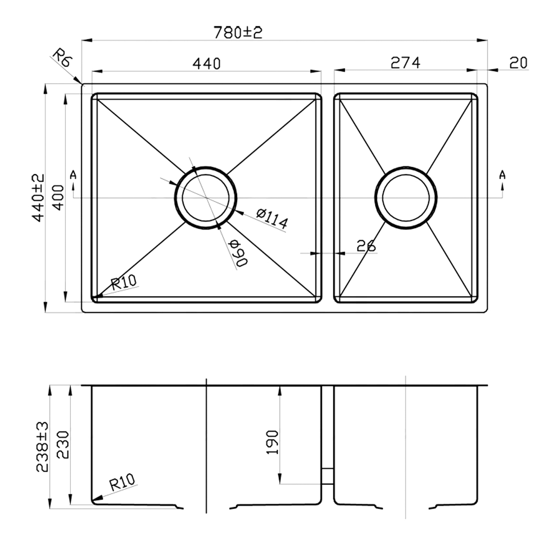 780X440mm Handmade Laundry Kitchen Sink Top/Under Mount Stainless Steel
