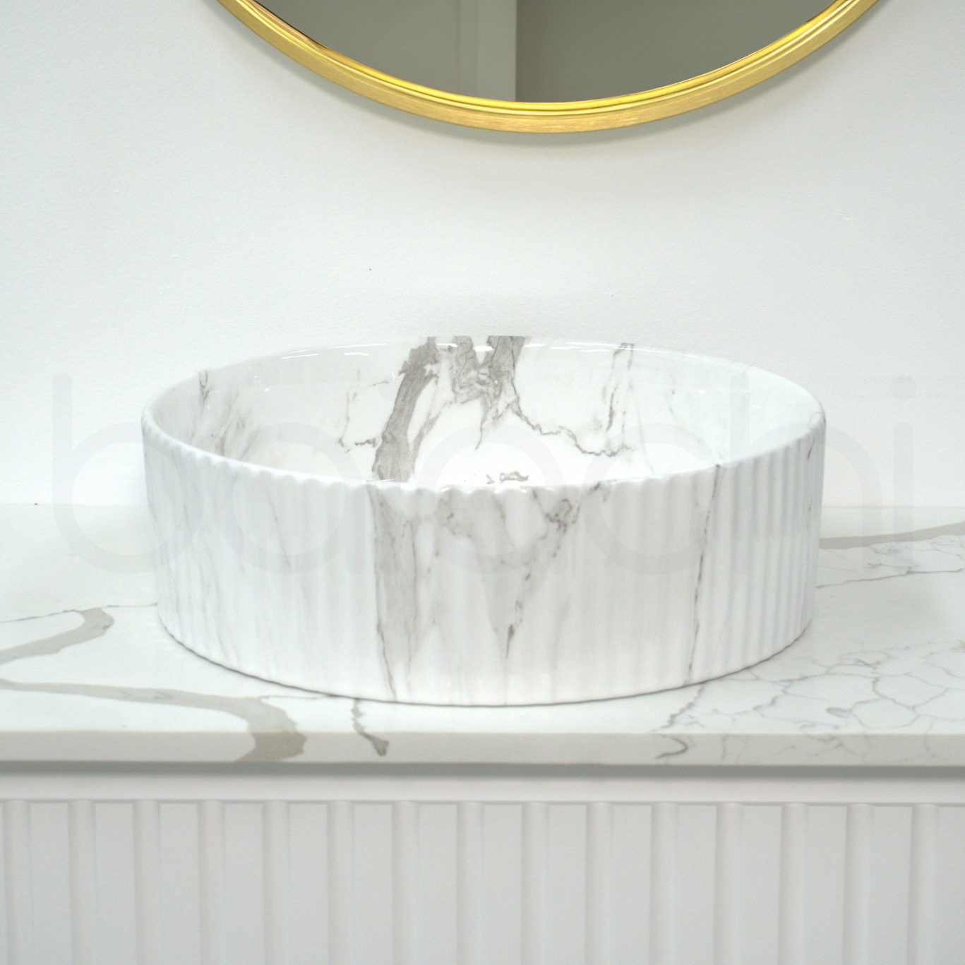 Baiachi 400mm Ceramic Above Counter Fluted Basin Calacatta Borghini