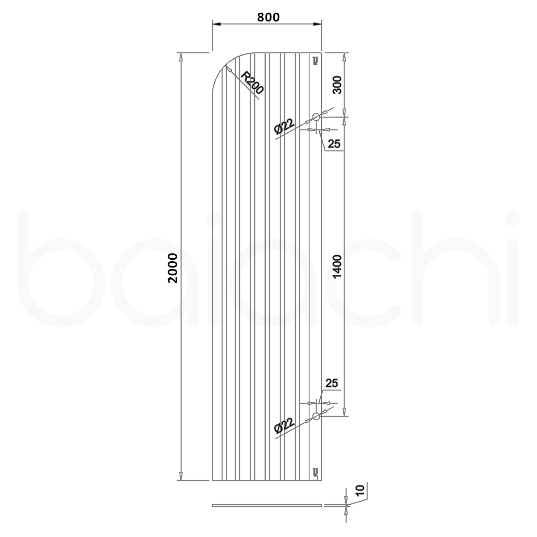 Baiachi 800mm Curved Fluted Glass Fixed Panel Shower Screen Brushed Gold Left