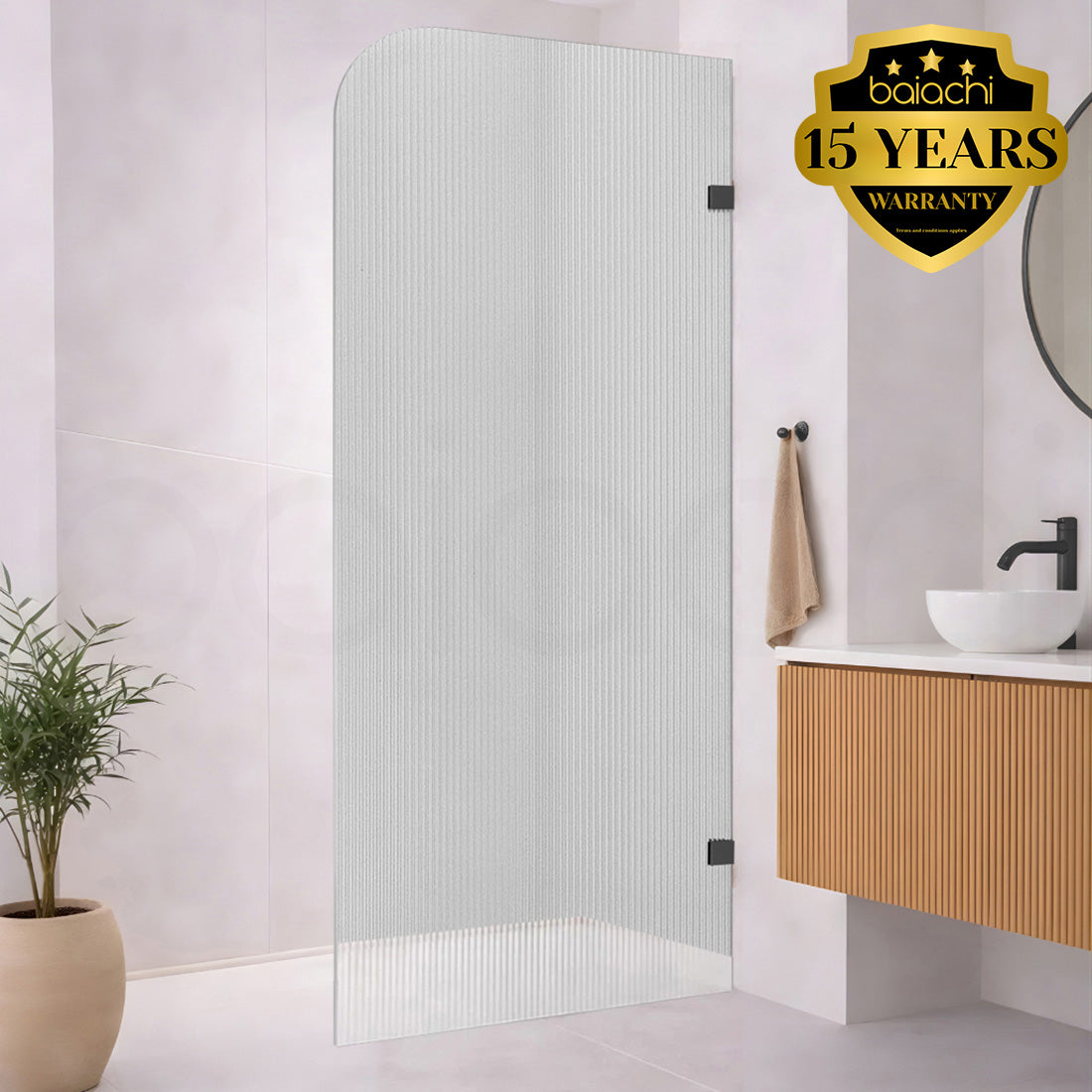 Baiachi 900mm Curved Fluted Glass Fixed Panel Shower Screen Matte Black Left