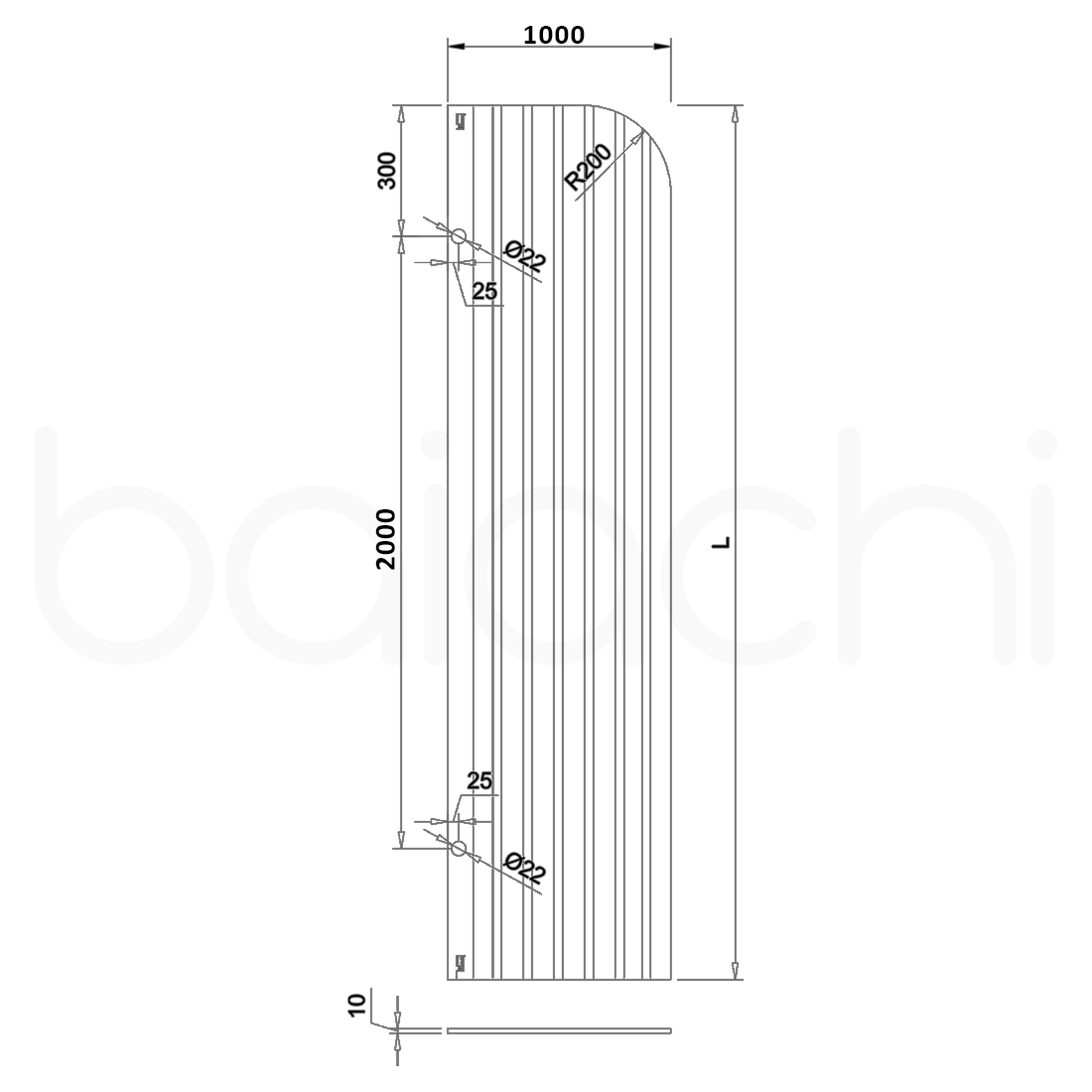 Baiachi 1000mm Curved Fluted Glass Fixed Panel Shower Screen Chrome Right