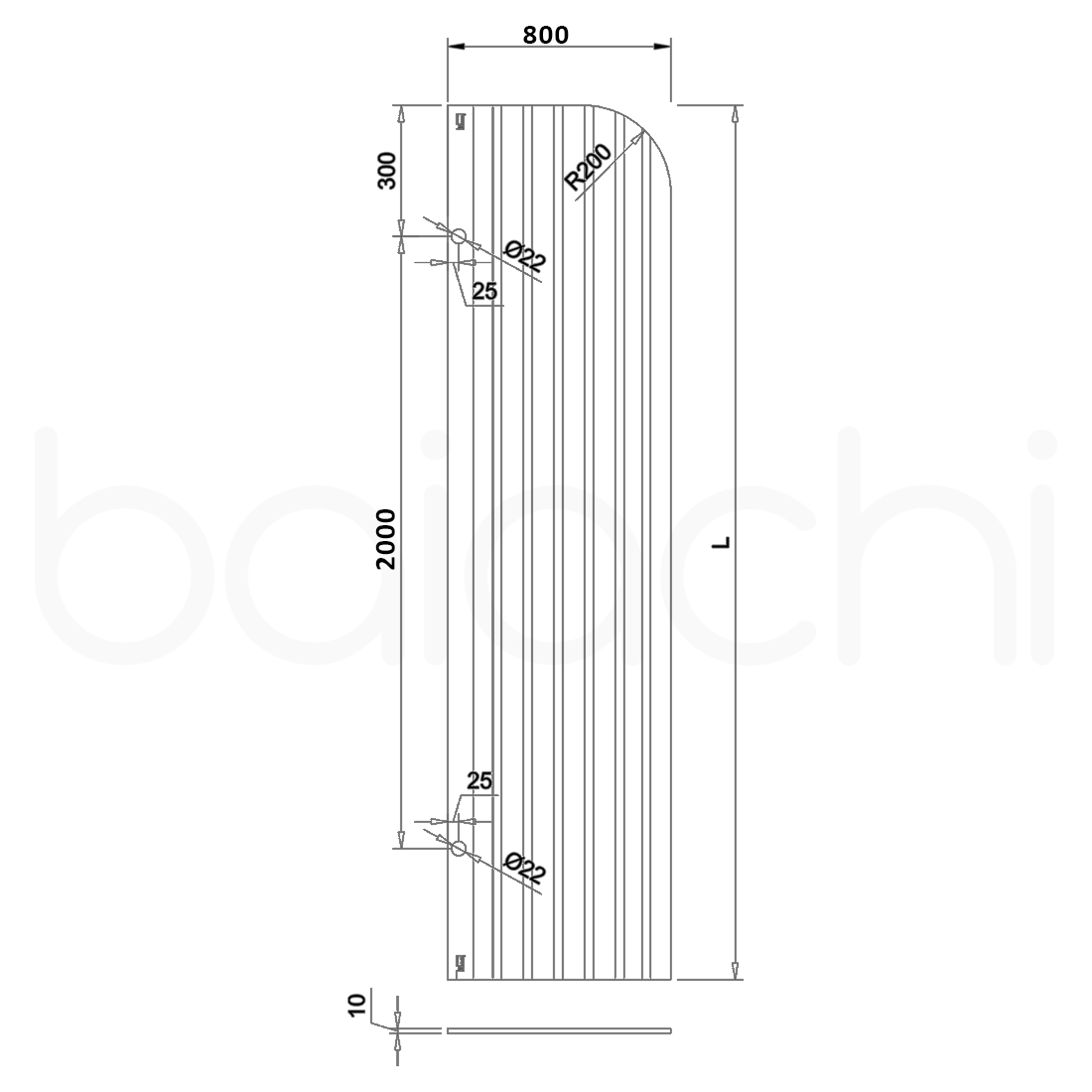 Baiachi 800mm Curved Fluted Glass Fixed Panel Shower Screen Brushed Nickel Right