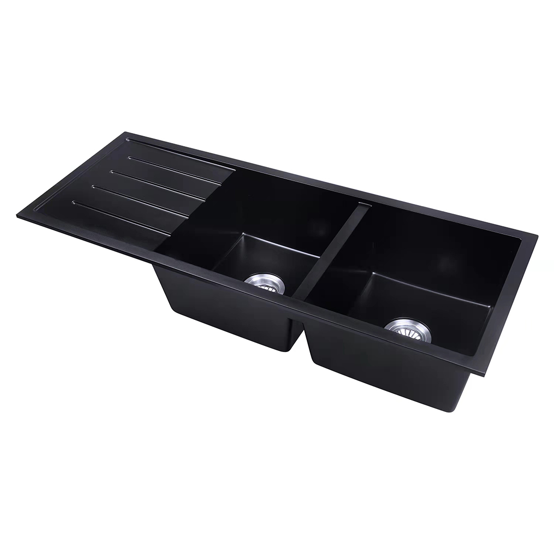 Baiachi Double Bowl and Drainer Granite Kitchen Sink Black with Black Waste