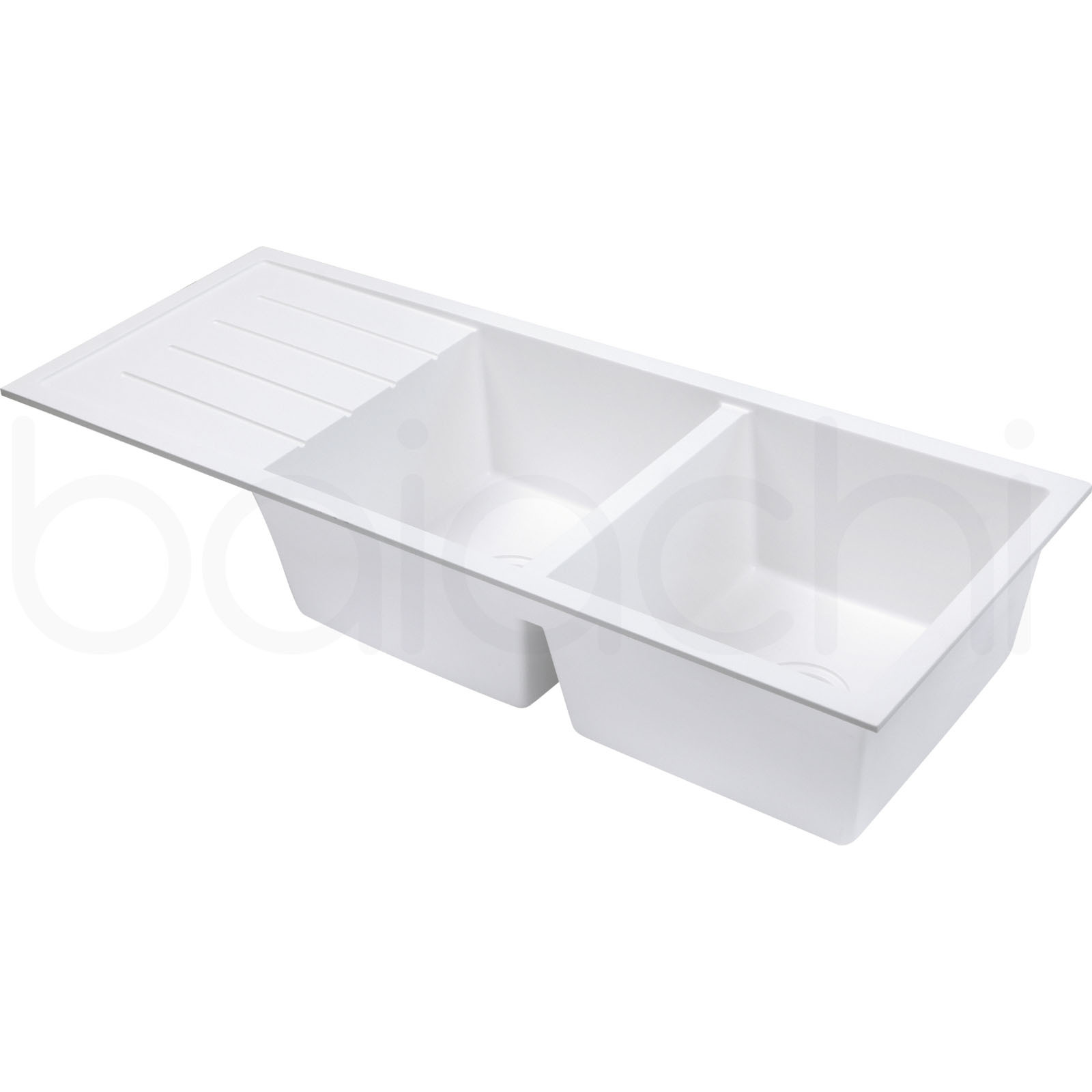 Baiachi 1160 x 450 Double Bowl and Drainer Granite Kitchen Sink White with Brushed Copper Waste