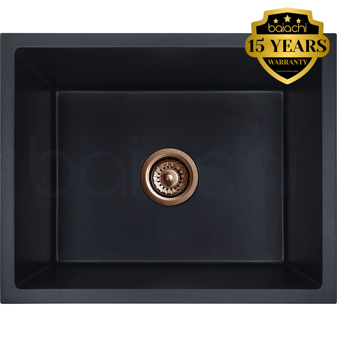 Baiachi 550 x 450 Single Bowl Granite Kitchen Sink Black with Brushed Copper Waste