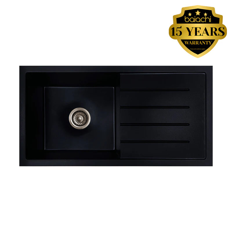Baiachi 860 x 450 Single Bowl and Drainer Granite Kitchen Sink Black with Antique Bronze Waste