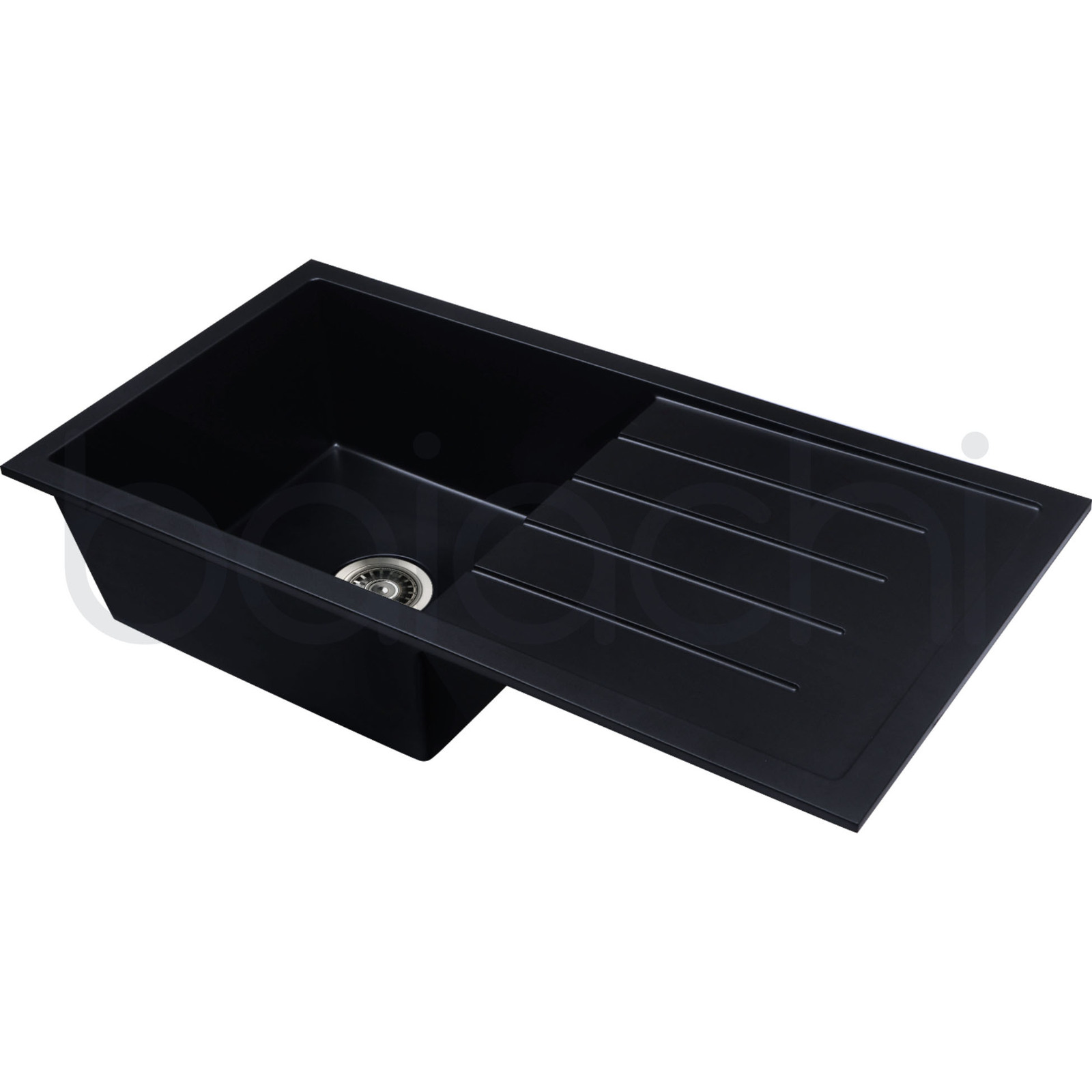 Baiachi 860 x 450 Single Bowl and Drainer Granite Kitchen Sink Black with Brushed Copper Waste