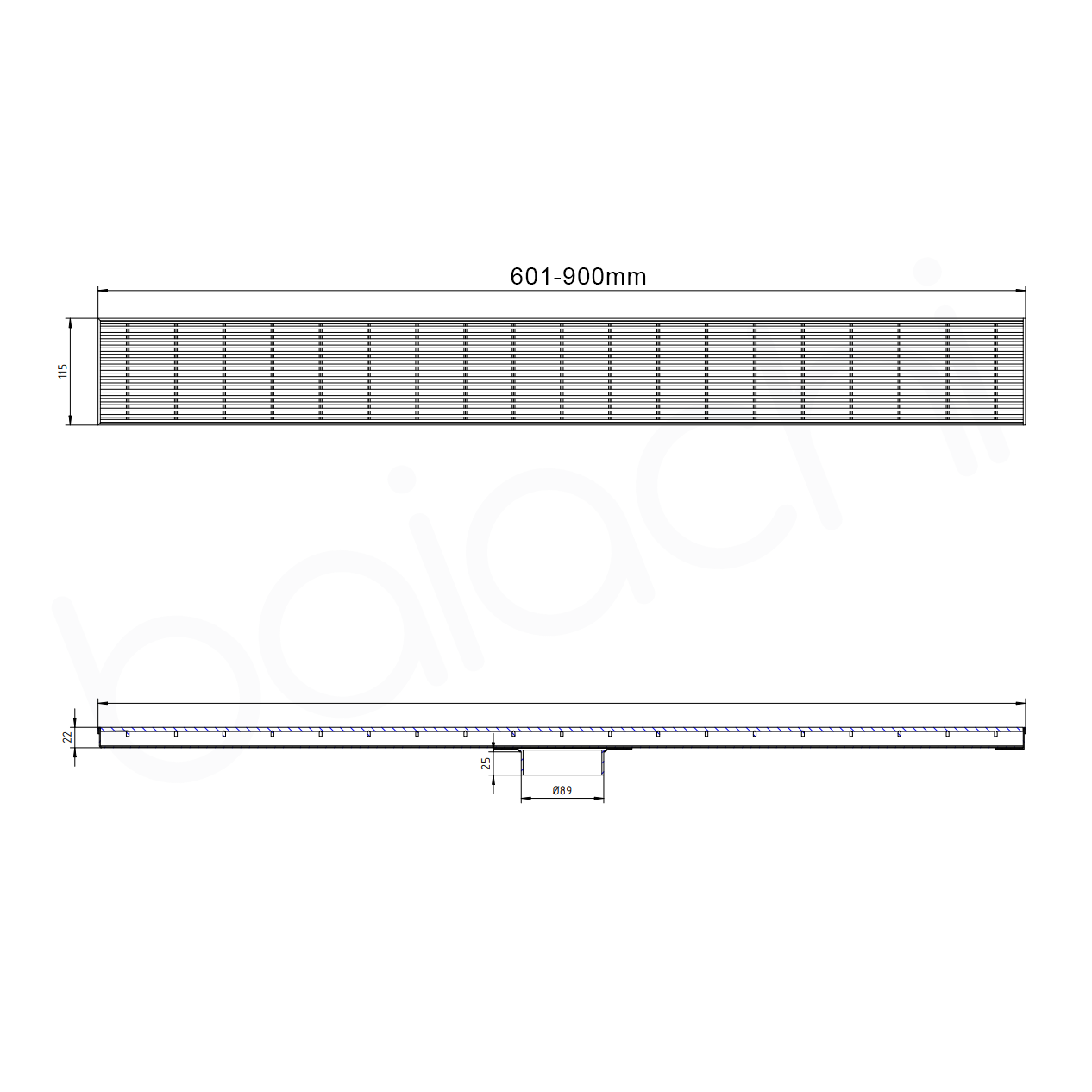 601-900mm Linear Heelguard Adjustable Floor Waste Matte Black