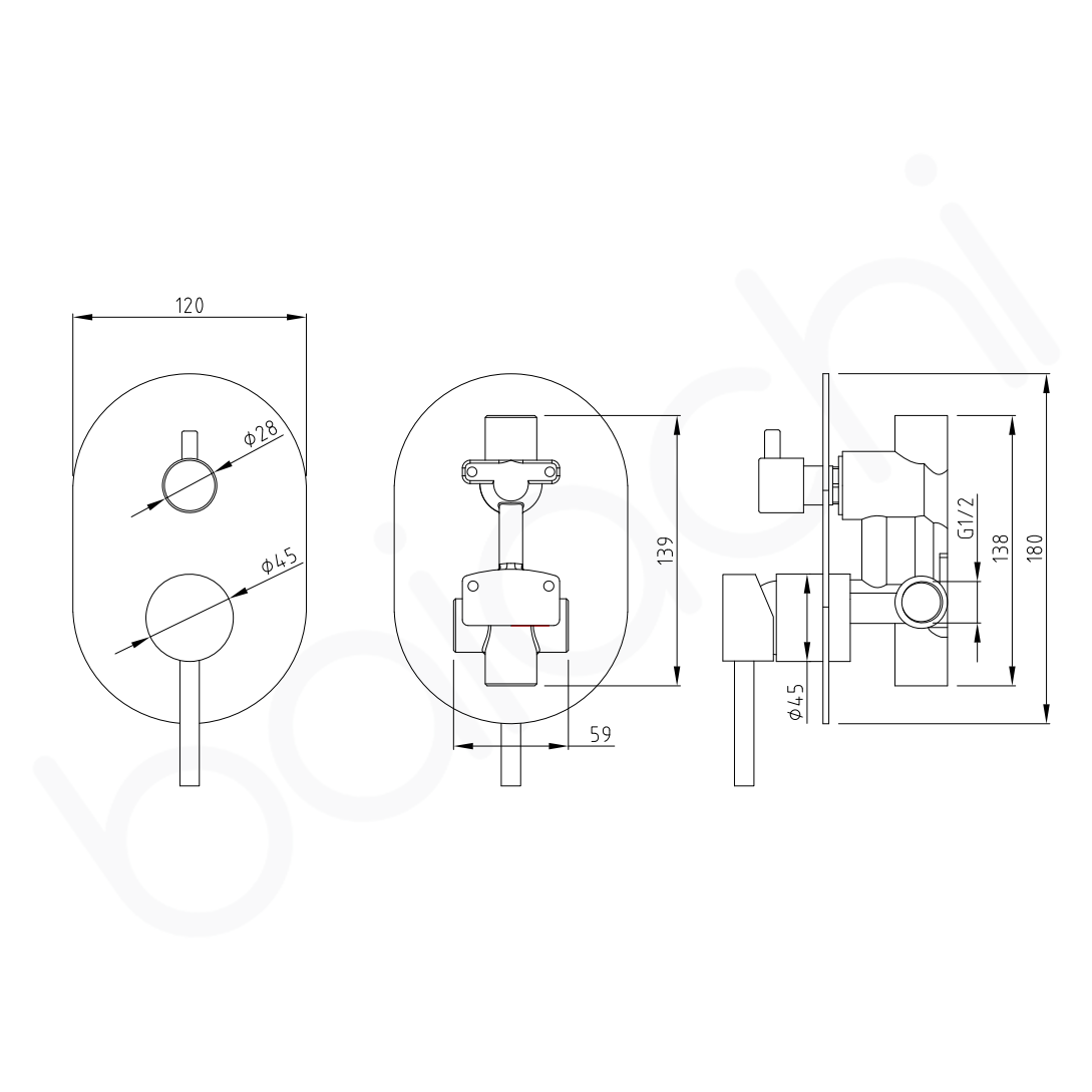 Baiachi Moreton Slimline Wall Diverter Mixer Stainless Steel Chrome