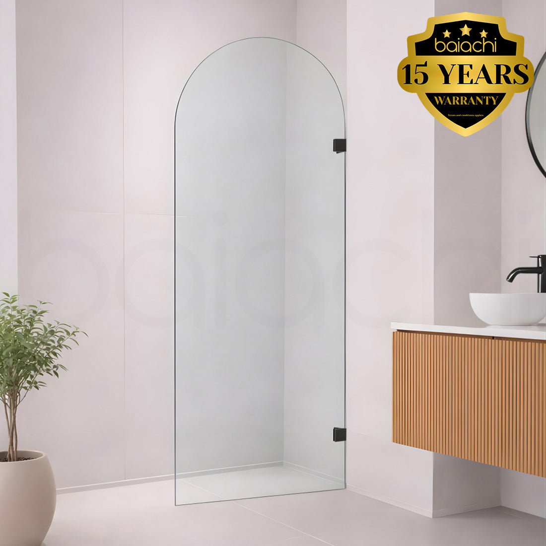 Baiachi 900mm Arched Glass Fixed Panel Shower Screen Antique Brass