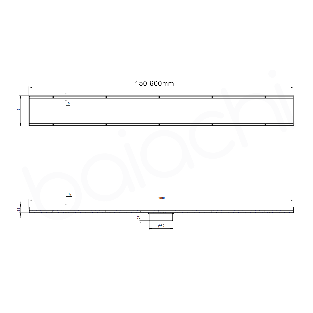 150-600mm Linear Tile Insert Adjustable Floor Waste Matte Black