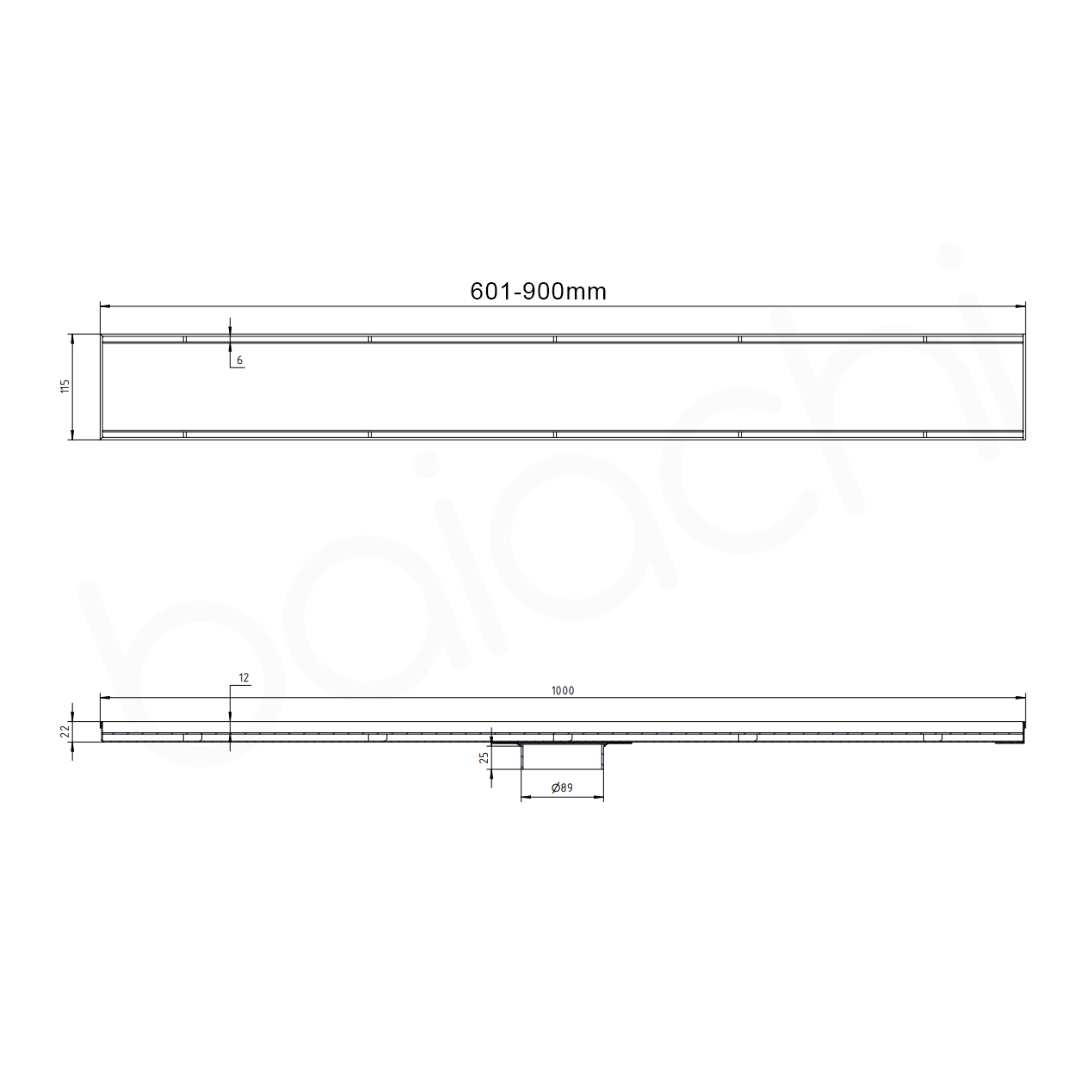 601-900mm Linear Tile Insert Adjustable Floor Waste Gun Metal