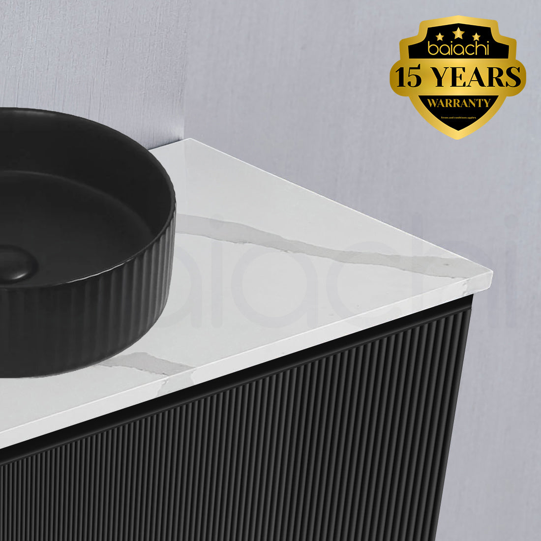 Baiachi Clermont 600 Black Fluted Wall Hung Bathroom Vanity Calacatta Stone