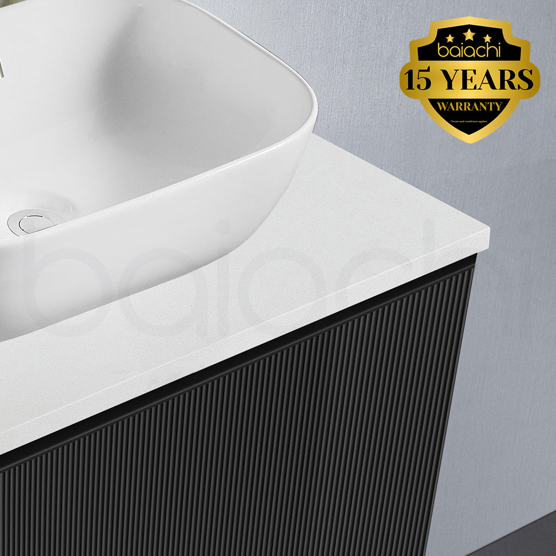 Baiachi Clermont 1500 Black Fluted Wall Hung Bathroom Vanity White Stone